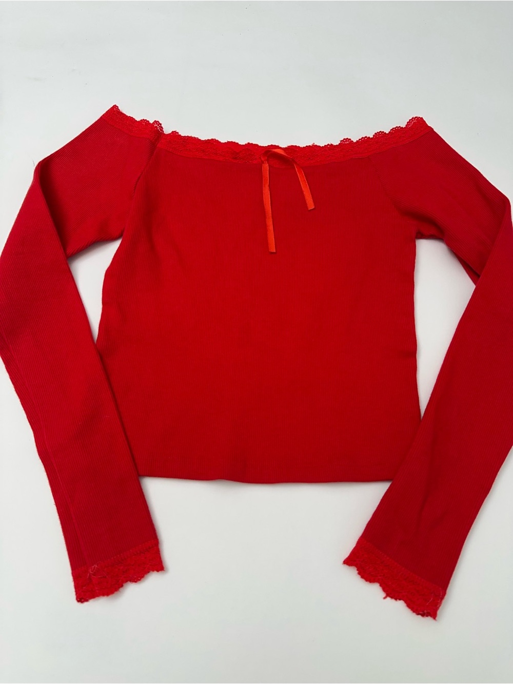 Red Off-Shoulder Lace-Trim Women's Sweater